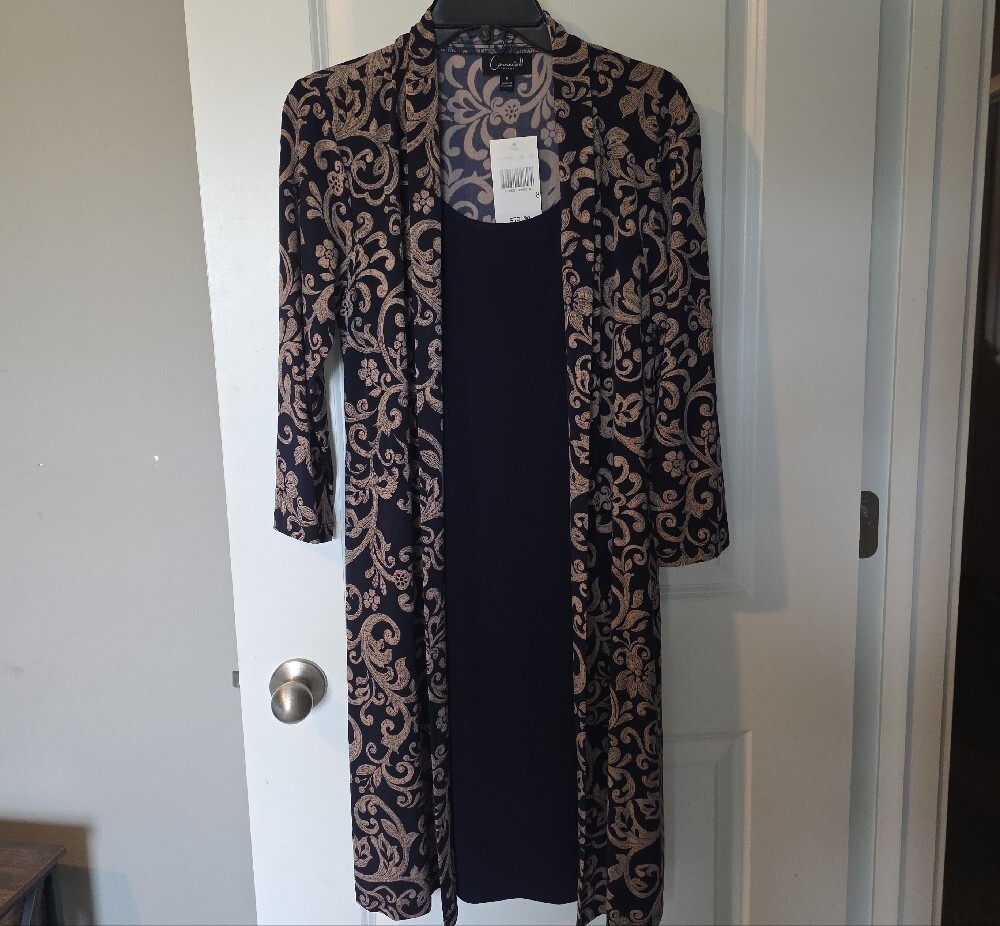 connected apparel Black Dress with Beige Floral-Patterned Duster - Picture 7 of 15